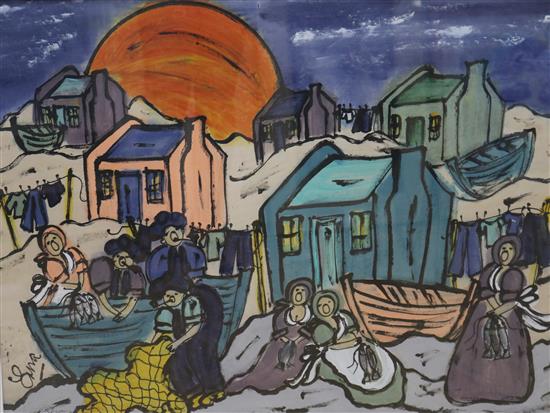 Erna Basson (South African) Fisherfolk on the shore 57 x 75cm